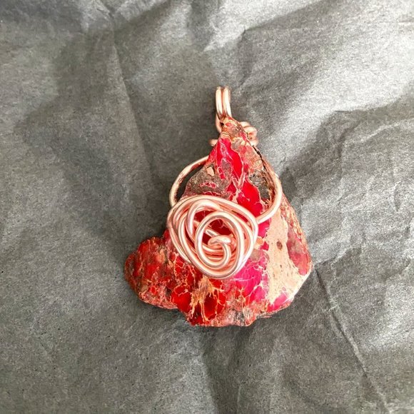 Pink Jasper Chunk Rosegold Wire Wrapped Pendant Handcrafted - Picture 3 of 10